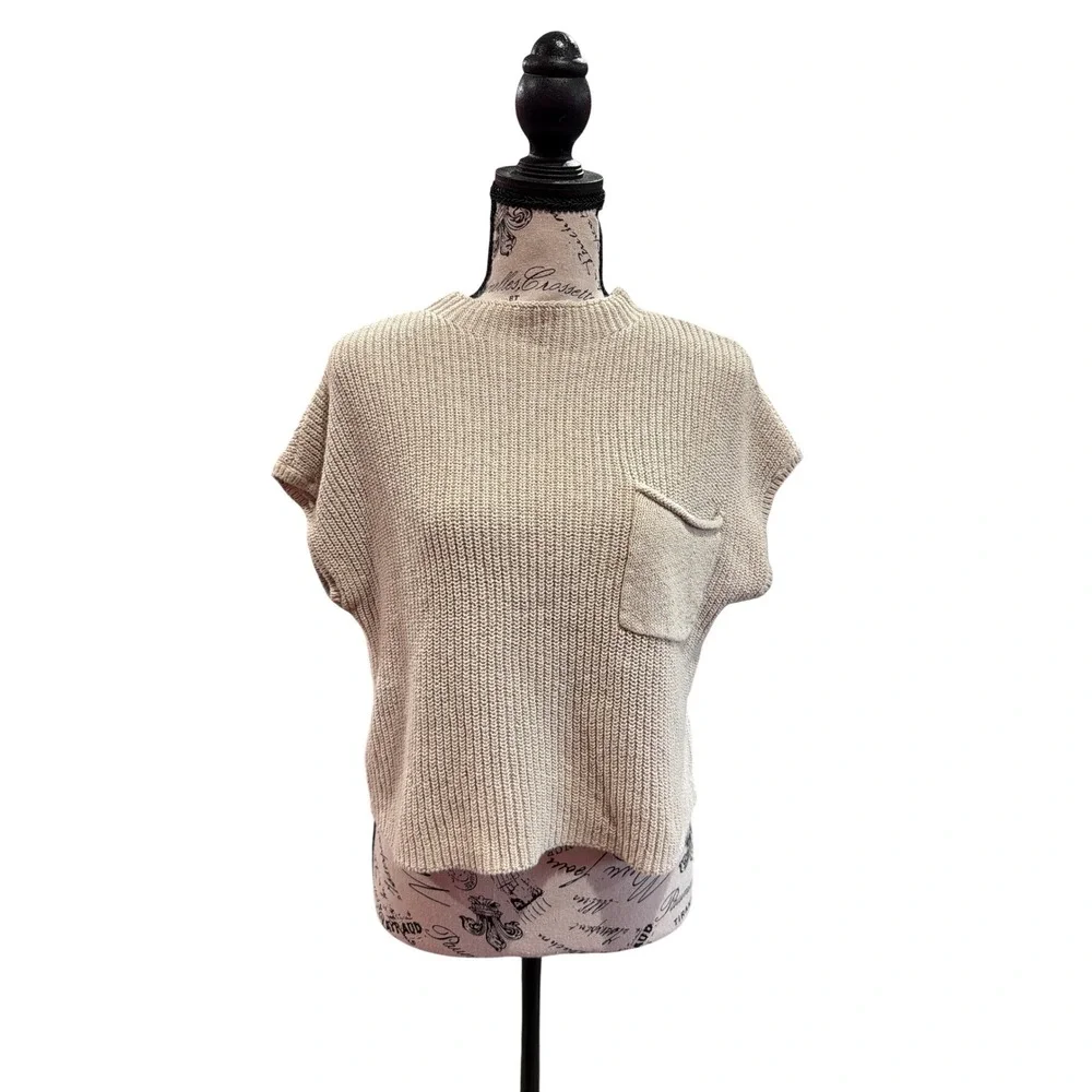 Free People FP Beach Tan Beige Ribbed Cotton Mock Neck Sweater‎ Vest Small